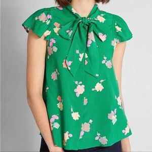 NWT Modcloth Tie-Neck Green Floral Blouse